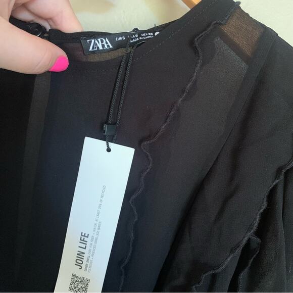 Zara Ruffled Mesh Mini Dress Black Size Small NWT Sheer witchy Grunge gothic - Picture 4 of 9
